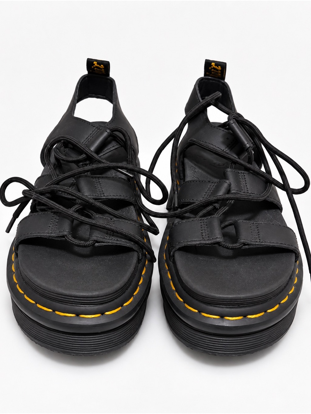 Dr. Martens Black Lace-Up Platform Sandals with Yellow Stitching